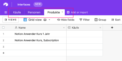 Tab-Darstellung Airtable