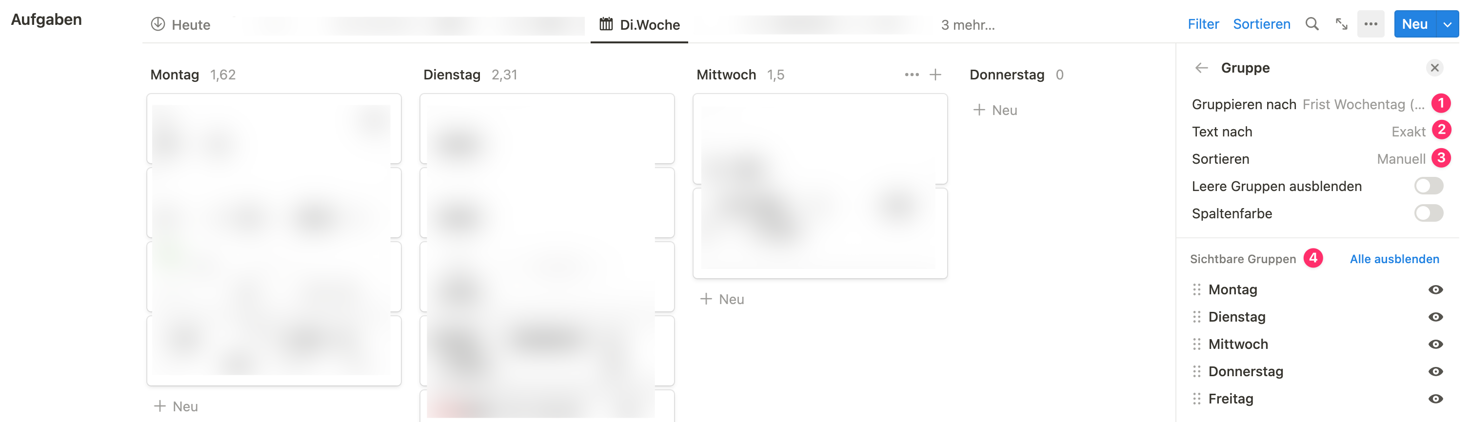 Wochenansicht Notion Board Ansicht gruppieren