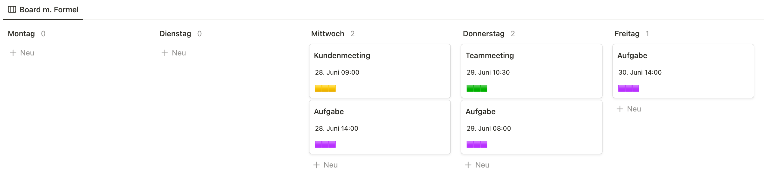 Notion Kalender einfaerben Bsp Board m. Wochentagen ue. Formel