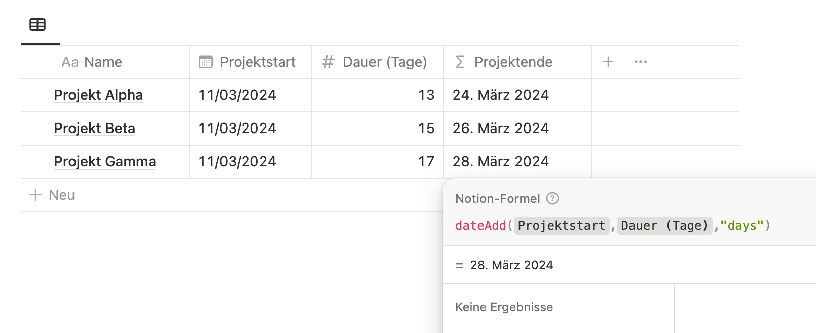 Datumrechnen Notion, Notion Datumrechnen, Projektende berechnen in Notion