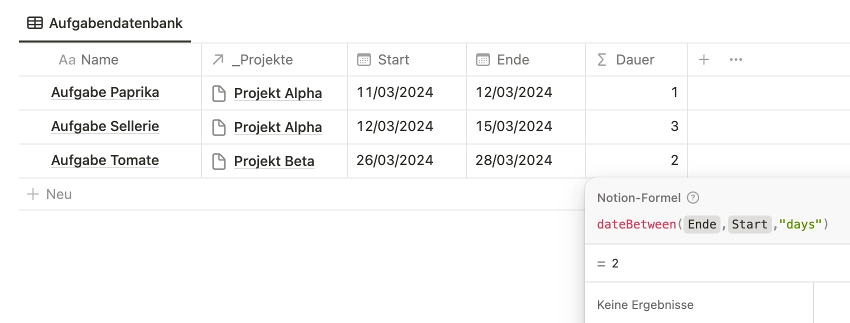 Datumrechnen Notion Formel Dauer einer Aufgabe berechnen