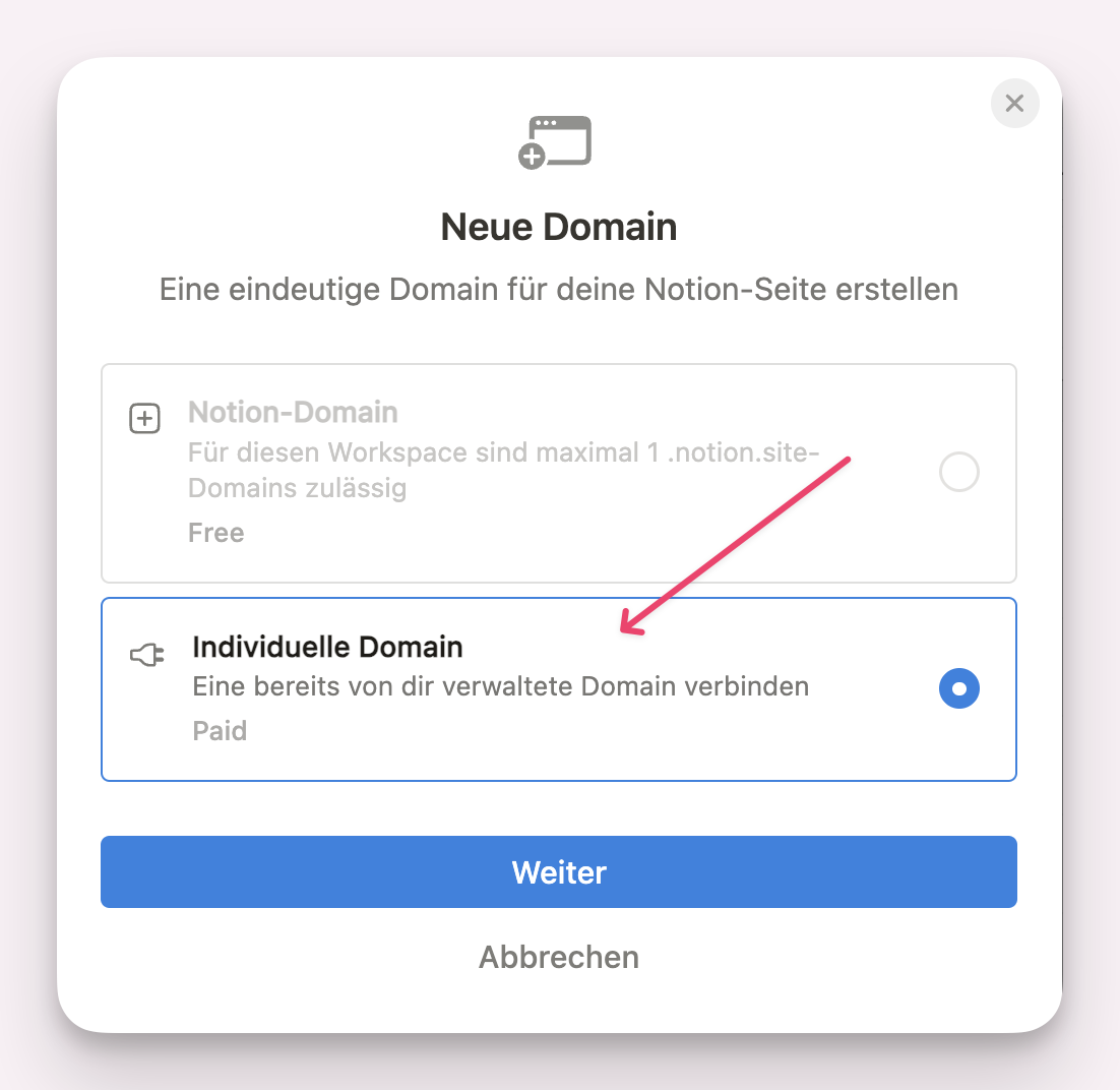 Für Notion Webseite neue Domain anlegen