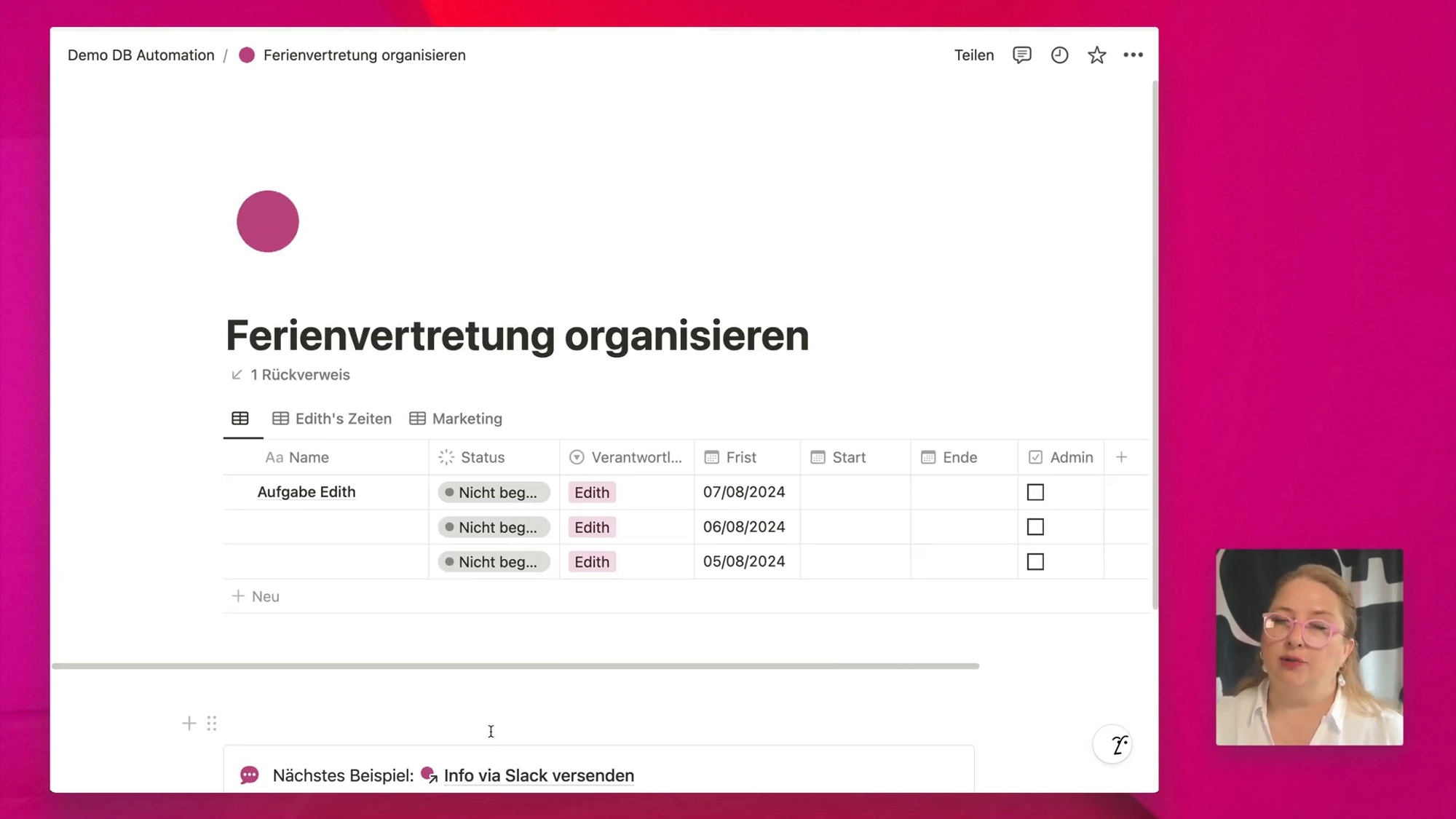 Notion Datenbank Automation Bsp Ferienvertretung