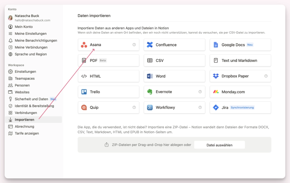 Notion vs Asana, Datensätze nach Notion importieren